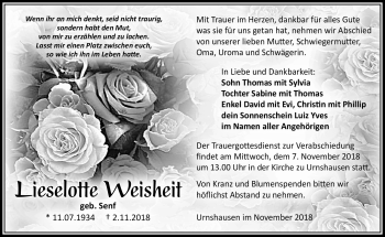 Traueranzeige von Lieselotte Weisheit von Südthüringer Presse