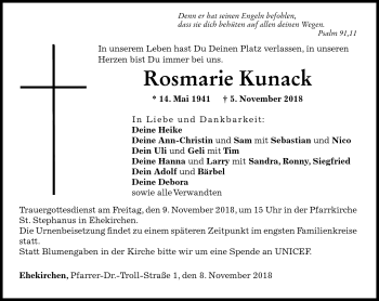 Traueranzeige von Rosmarie Kunack von Frankenpost