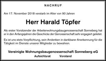 Traueranzeige von Harald Töpfer von Südthüringer Presse