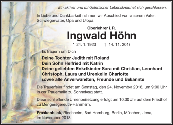 Traueranzeige von Ingwald Höhn von Südthüringer Presse