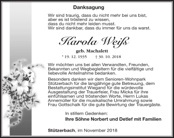 Traueranzeige von Karola Weiß von Südthüringer Presse