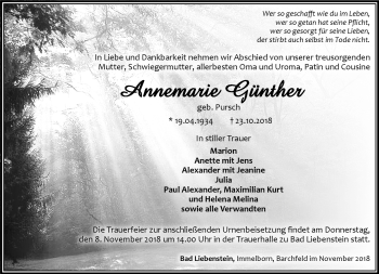 Traueranzeige von Annemarie Günther von Südthüringer Presse
