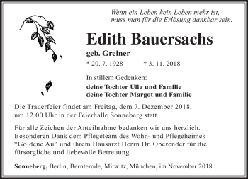 Traueranzeige von Edith Bauersachs von Südthüringer Presse