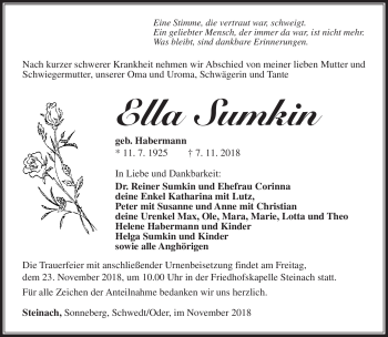 Traueranzeige von Ella Sumkin von Südthüringer Presse