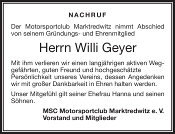 Traueranzeige von Willi Geyer von Frankenpost