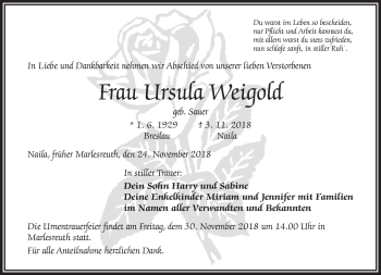 Traueranzeige von Ursula Weigold von Frankenpost