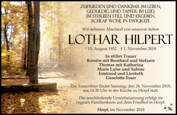 Traueranzeige von Lothar Hilpert von Südthüringer Presse