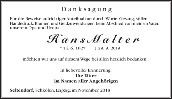 Traueranzeige von Hans Malter von Südthüringer Presse