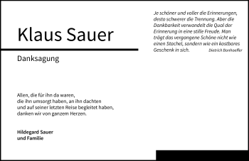 Traueranzeige von Klaus Sauer von Neue Presse Coburg