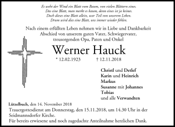 Traueranzeige von Werner Hauck von Neue Presse Coburg