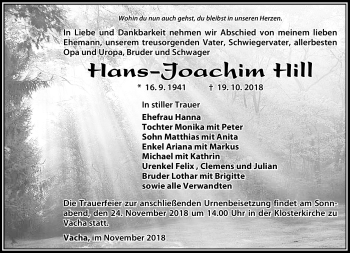 Traueranzeige von Hans-Joachim Hill von Südthüringer Presse