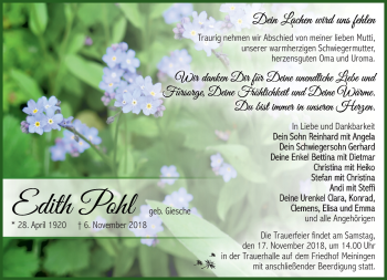 Traueranzeige von Edith Pohl von Südthüringer Presse