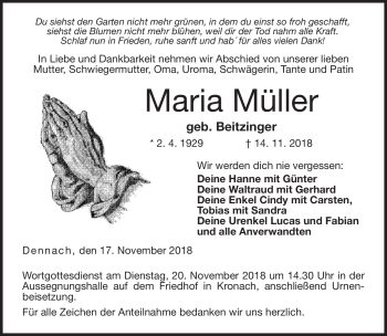 Traueranzeige von Maria Müller von Neue Presse Coburg
