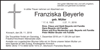 Traueranzeige von Franziska Beyerle von Neue Presse Coburg