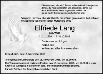 Traueranzeige von Elfriede Lang von Neue Presse Coburg