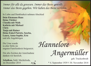 Traueranzeige von Hannelore Angermüller von Südthüringer Presse
