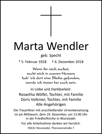 Traueranzeige von Marta Wendler von Frankenpost