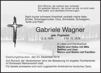 Traueranzeige von Gabriele Wagner von Neue Presse Coburg
