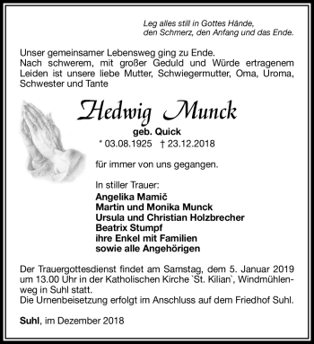 Traueranzeige von Hedwig Munck von Südthüringer Presse