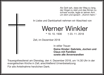 Traueranzeige von Werner Winkler von Frankenpost