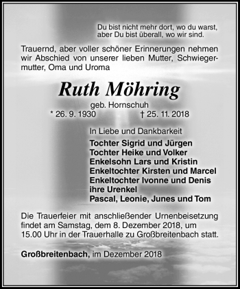 Traueranzeige von Ruth Möhring von Südthüringer Presse