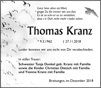 Traueranzeige von Thomas Kranz von Südthüringer Presse