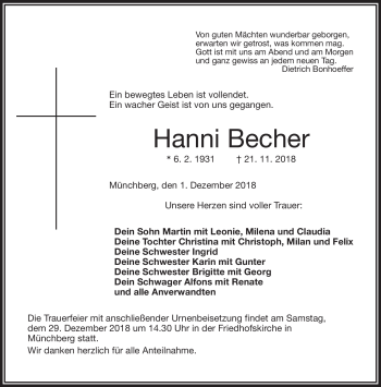 Traueranzeige von Hanni Becher von Frankenpost