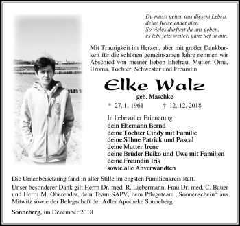 Traueranzeige von Elke Walz von Südthüringer Presse