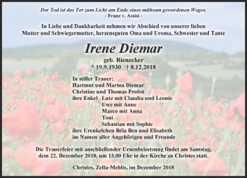 Traueranzeige von Irene Diemar von Südthüringer Presse