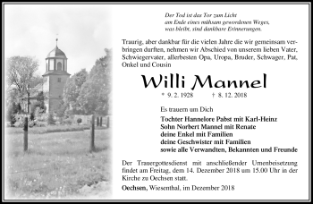 Traueranzeige von Willi Mannel von Südthüringer Presse