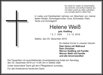 Traueranzeige von Helene Weiß von Frankenpost