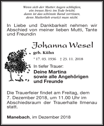 Traueranzeige von Johanna Wesel von Südthüringer Presse