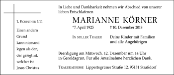 Traueranzeige von Marianne Körner von Frankenpost