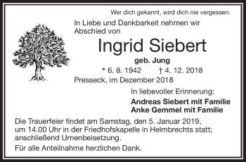 Traueranzeige von Ingrid Siebert von Frankenpost