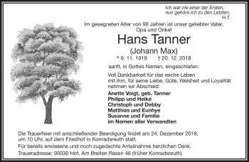 Traueranzeige von Hans Tanner von Frankenpost