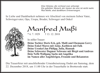 Traueranzeige von Manfred Mussi von Südthüringer Presse
