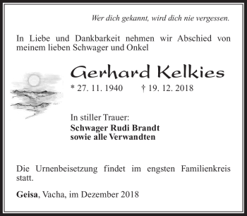 Traueranzeige von Gerhard Kelkies von Südthüringer Presse