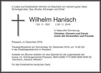 Traueranzeige von Wilhelm Hanisch von Frankenpost