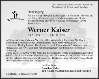 Traueranzeige von Werner Kaiser von Südthüringer Presse