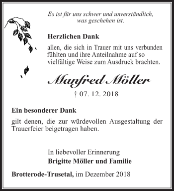 Traueranzeige von Manfred Möller von Südthüringer Presse