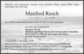 Traueranzeige von Manfred Resch von Neue Presse Coburg