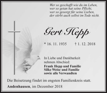 Traueranzeige von Gert Hepp von Südthüringer Presse