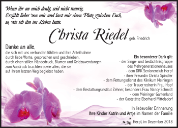 Traueranzeige von Christa Riedel von Südthüringer Presse