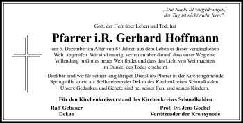 Traueranzeige von Gerhard Hoffmann von Südthüringer Presse