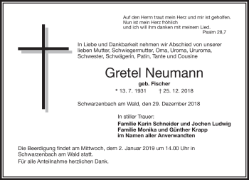 Traueranzeige von Gretel Neumann von Frankenpost