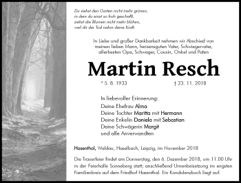 Traueranzeige von Martin Resch von Südthüringer Presse