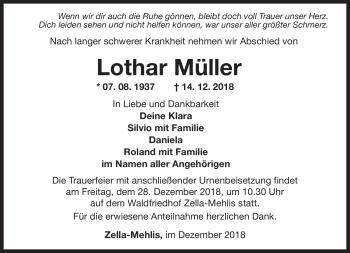 Traueranzeige von Lothar Müller von Südthüringer Presse