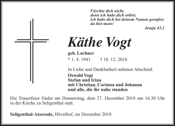 Traueranzeige von Käthe Vogt von Südthüringer Presse