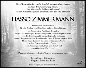 Traueranzeige von Hasso Zimmermann von Südthüringer Presse
