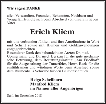Traueranzeige von Erich Kliem von Südthüringer Presse